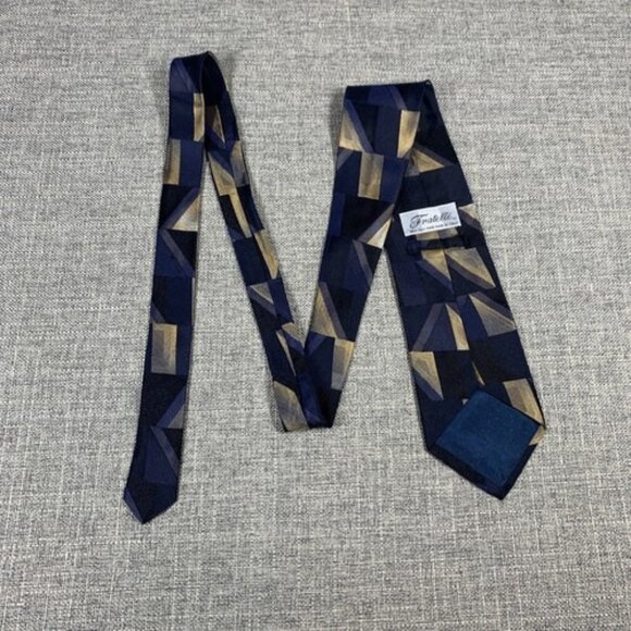 Vintage Fratelli Moda 100% Silk Hand Made In Italy Geometric Tie Black & Gold - Picture 5 of 5